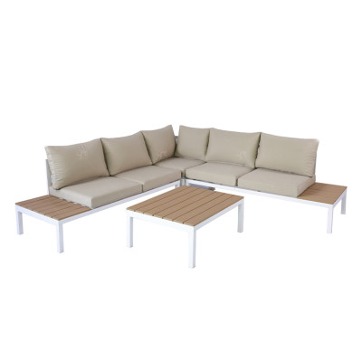 Modern Outdoor L Shape Stainless Steel Patio 4 Pieces Corner Lounge Power Coated Fabric Sofa Set of 4 With Cushion and Table