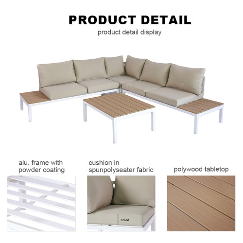 Modern Outdoor L Shape Stainless Steel Patio 4 Pieces Corner Lounge Power Coated Fabric Sofa Set of 4 With Cushion and Table