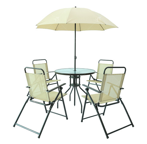 2x1 Teslin Six Piece Patio   Garden Furniture Set With Umbrella Table and Set of Four Chairs with Foldable Structure