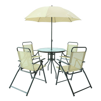 2x1 Teslin Six Piece Patio   Garden Furniture Set With Umbrella Table and Set of Four Chairs with Foldable Structure