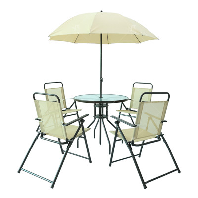 2x1 Teslin Six Piece Patio   Garden Furniture Set With Umbrella Table and Set of Four Chairs with Foldable Structure