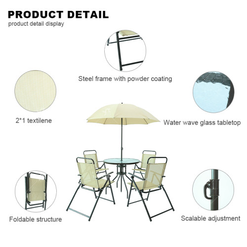 2x1 Teslin Six Piece Patio   Garden Furniture Set With Umbrella Table and Set of Four Chairs with Foldable Structure