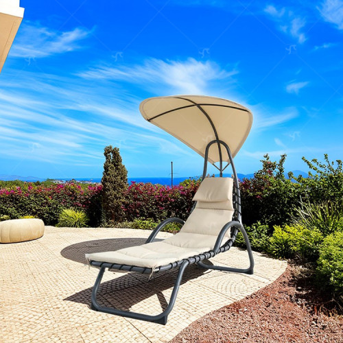 Outdoor Steel Single Chaise Lounge Chair Beach Chair Swimming Pool Sun Lounger with Canopy Shade