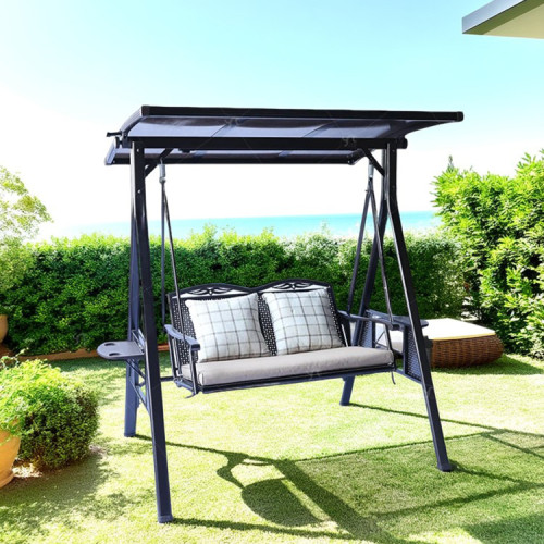 New Design Stripe Pattern Outdoor 2 Seaters Swings iron Frame Modern Swing Chair with Canopy Outdoor Use Garden Furniture