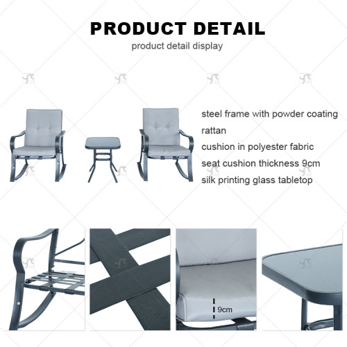 3Piece Outdoor Patio Furniture Set Garden Courtyard Leisure Table and Rocking Chair Set with Thickened Cushion