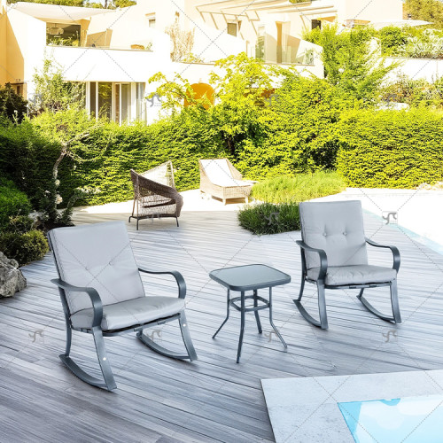 3Piece Outdoor Patio Furniture Set Garden Courtyard Leisure Table and Rocking Chair Set with Thickened Cushion