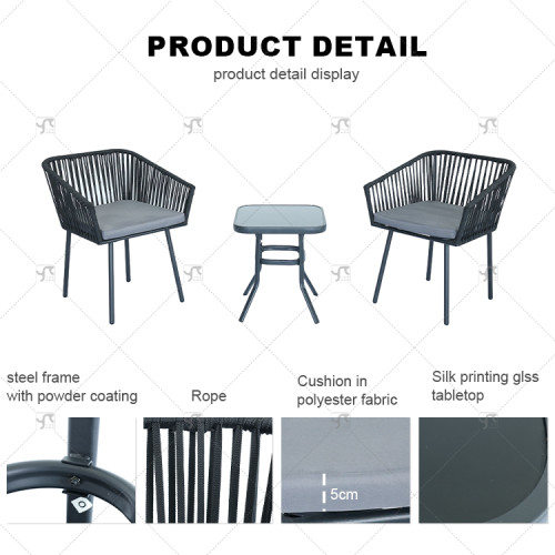 Modern steel Rattan Rope Woven Hotel Resort Patio Dining Chairs Outdoor Garden Furniture table and chair  Set of 3