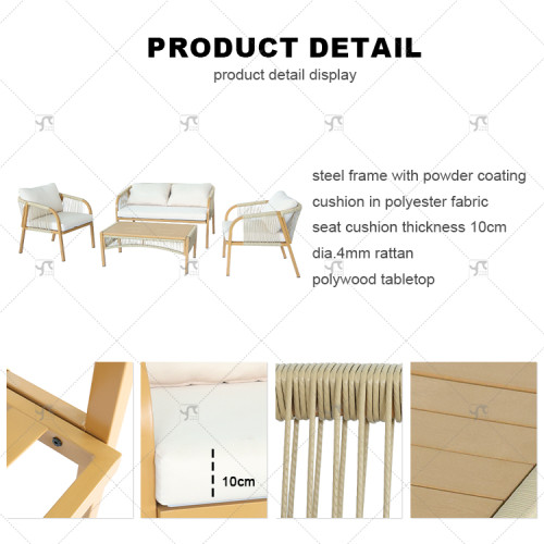 Modern Hot Selling 4Piece Steel Sofa Set of 4 Rattan with Armchair and Metal Coffee Table for Outdoor Courtyard Furniture