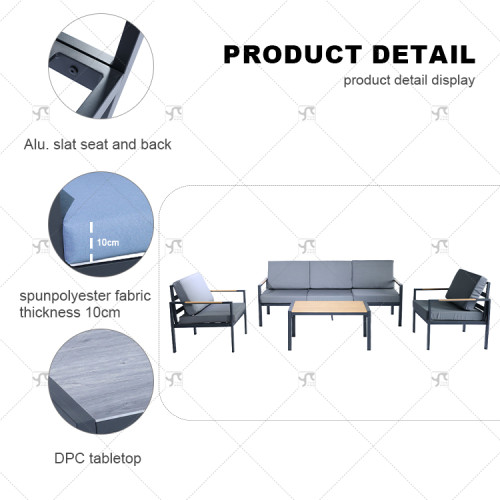 Durable 4Pieces Outdoor Metal Sofa Set with Coffee Table Patio Sectional Furniture Chat Sofa Conversation Set with Gray Cushions