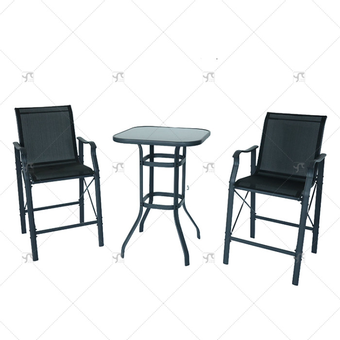 Outdoor Silk Printing  Glass Bistro Table and Metal Outdoor Stool Set Square 2 -Person Long Bar Height bar Chair Set of 3