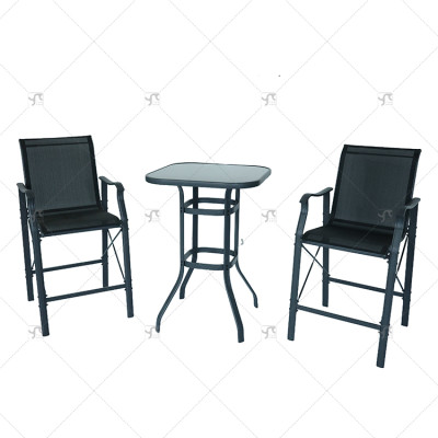 Outdoor Silk Printing  Glass Bistro Table and Metal Outdoor Stool Set Square 2 -Person Long Bar Height bar Chair Set of 3