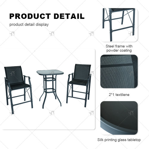 Outdoor Silk Printing  Glass Bistro Table and Metal Outdoor Stool Set Square 2 -Person Long Bar Height bar Chair Set of 3