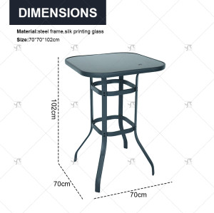 Outdoor Silk Printing  Glass Bistro Table and Metal Outdoor Stool Set Square 2 -Person Long Bar Height bar Chair Set of 3