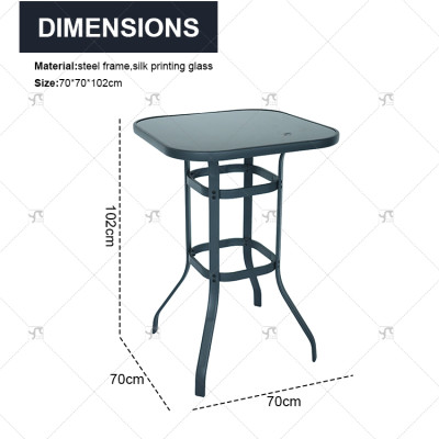 Outdoor Silk Printing  Glass Bistro Table and Metal Outdoor Stool Set Square 2 -Person Long Bar Height bar Chair Set of 3