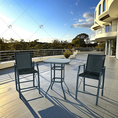 Outdoor Silk Printing  Glass Bistro Table and Metal Outdoor Stool Set Square 2 -Person Long Bar Height bar Chair Set of 3
