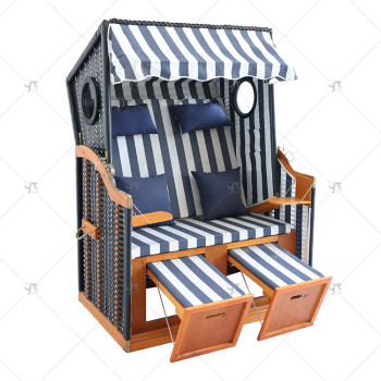 Outdoors Beach Chair 2-Seater Fully Reclining Wood Furniture 4-Way Adjustable Backrest Side Tables Protective Cover Cushion