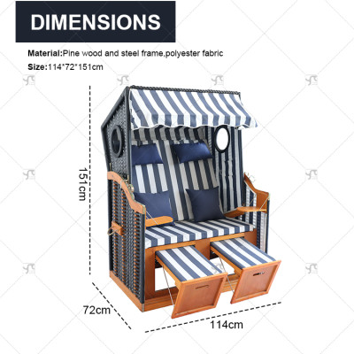 Outdoors Beach Chair 2-Seater Fully Reclining Wood Furniture 4-Way Adjustable Backrest Side Tables Protective Cover Cushion