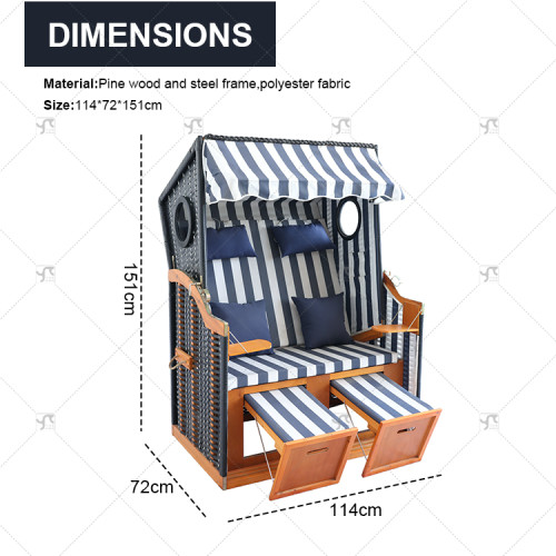 Outdoors Beach Chair 2-Seater Fully Reclining Wood Furniture 4-Way Adjustable Backrest Side Tables Protective Cover Cushion