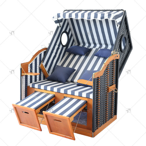 Outdoors Beach Chair 2-Seater Fully Reclining Wood Furniture 4-Way Adjustable Backrest Side Tables Protective Cover Cushion