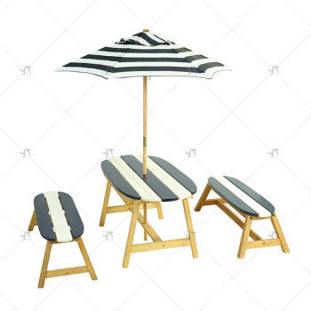 Hot Selling Wooden Outdoor Dining Tables and Chairs Kids Garden Chaise Lounger Chair Bench Table Set with Umbrella for Children