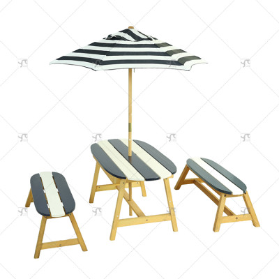 Hot Selling Wooden Outdoor Dining Tables and Chairs Kids Garden Chaise Lounger Chair Bench Table Set with Umbrella for Children