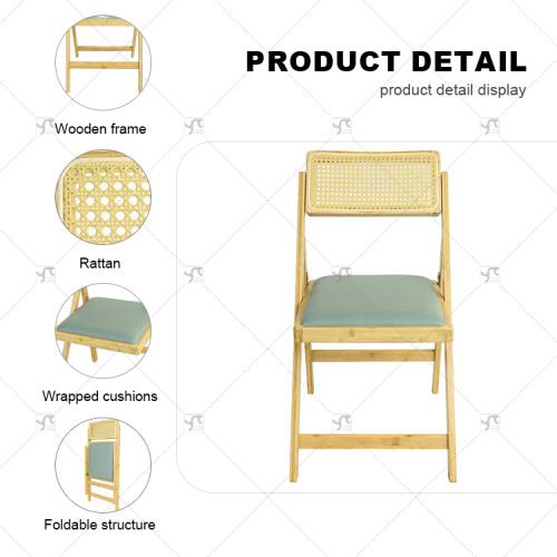 Indoor/Outdoor Rattan Folding Chair with Cotton Cushion Seat and Backrest Style Seating for Retro Camp Garden Outdoor for Events