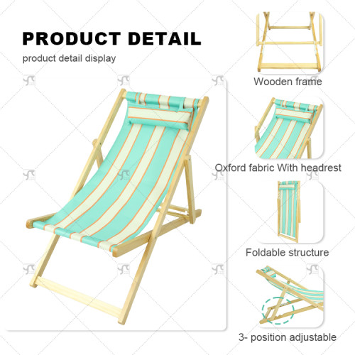 Outdoor Garden Lawn Yard Pool Party Chair with Headrest Portable Pine Wood Folding Beach Chair with Adjustable Backrest Angle