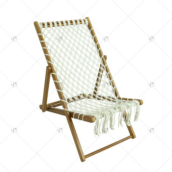 Modern Outdoor Portable Luxury Wooden Beach Patio Sling Chair with Cotton Fringes, Pool Yard Hotel Adjustable Sun Lounger
