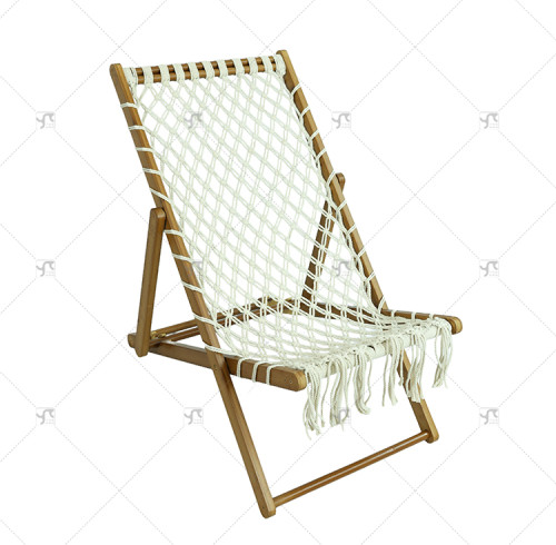 Modern Outdoor Portable Luxury Wooden Beach Patio Sling Chair with Cotton Fringes, Pool Yard Hotel Adjustable Sun Lounger