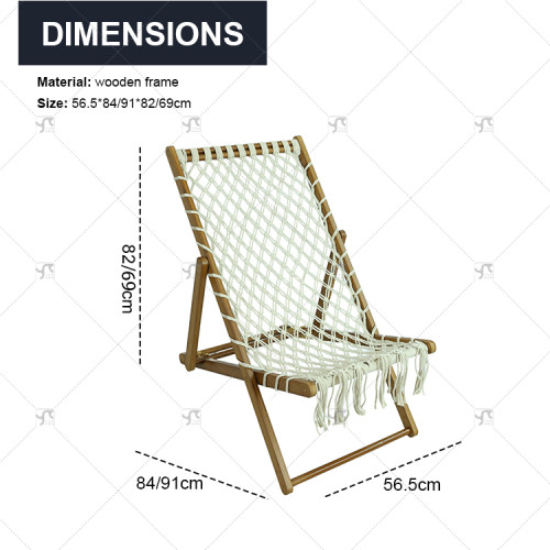 Modern Outdoor Portable Luxury Wooden Beach Patio Sling Chair with Cotton Fringes, Pool Yard Hotel Adjustable Sun Lounger
