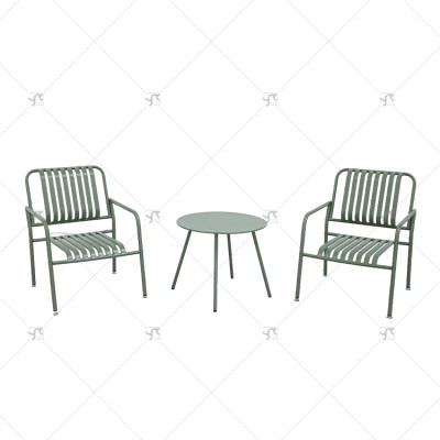Modern Design Outdoor Steel Plate Table and Metal Outdoor Stool Set Square 2 -Person Steel Slat Seat and Back Chair Set of 3