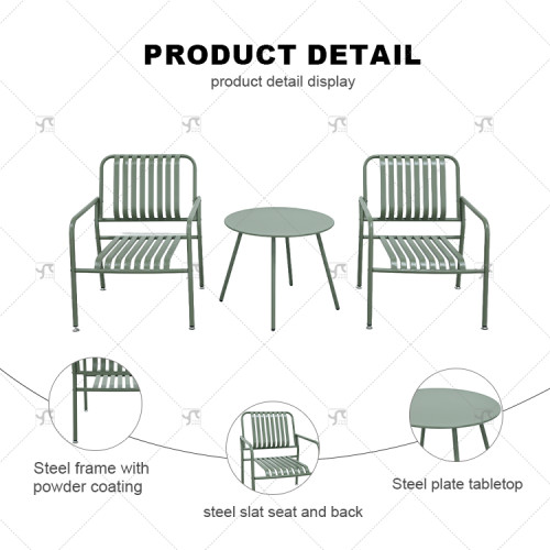 Modern Design Outdoor Steel Plate Table and Metal Outdoor Stool Set Square 2 -Person Steel Slat Seat and Back Chair Set of 3