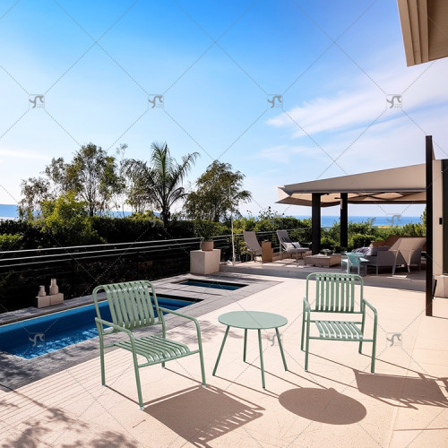 Modern Design Outdoor Steel Plate Table and Metal Outdoor Stool Set Square 2 -Person Steel Slat Seat and Back Chair Set of 3