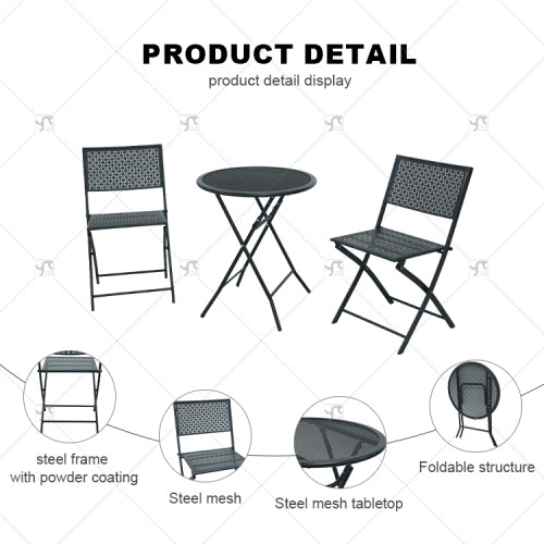 Patio Balcony 3-Piece Patio Bistro Set Folding Table and Chair Garden, Camping and Travel Metal Mesh Powder Coated Lron Net