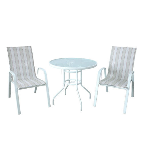 Outdoor Coffee SetsTempered Glass Round Table and Stack Chair Camping Patio Dinning Steel Garden Chair Three-piece Sets