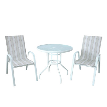 Outdoor Coffee SetsTempered Glass Round Table and Stack Chair Camping Patio Dinning Steel Garden Chair Three-piece Sets