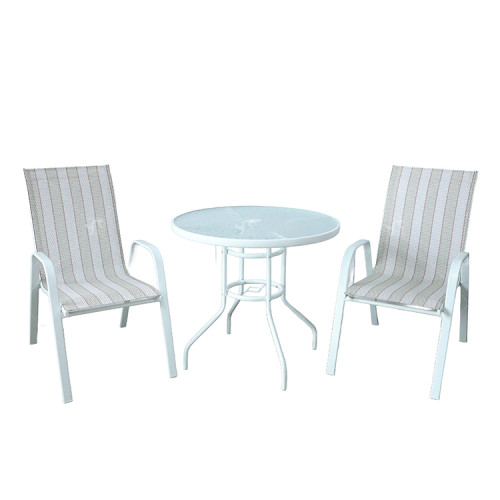 Outdoor Coffee SetsTempered Glass Round Table and Stack Chair Camping Patio Dinning Steel Garden Chair Three-piece Sets