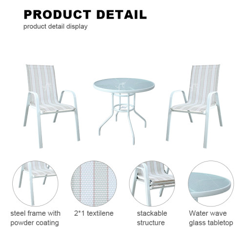 Outdoor Coffee SetsTempered Glass Round Table and Stack Chair Camping Patio Dinning Steel Garden Chair Three-piece Sets