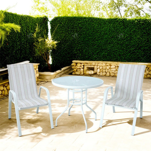 Outdoor Coffee SetsTempered Glass Round Table and Stack Chair Camping Patio Dinning Steel Garden Chair Three-piece Sets