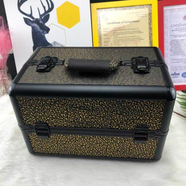 2019 Professional aluminum alloy double open multi-layer traveling make up case Golden pattern for sales