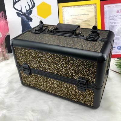 2019 Professional aluminum alloy double open multi-layer traveling make up case Golden pattern for sales
