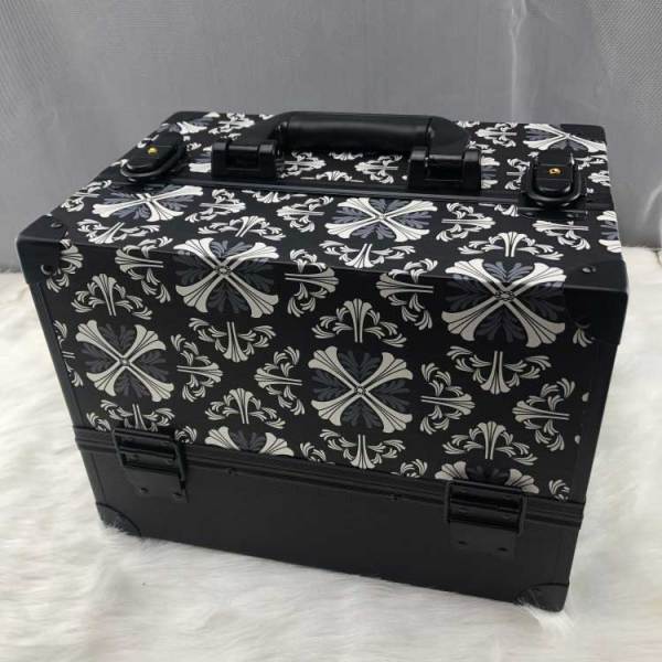 黑色装饰图案彩妆铝化妆品盒，铝框美容化妆品盒，旅行美容盒化妆