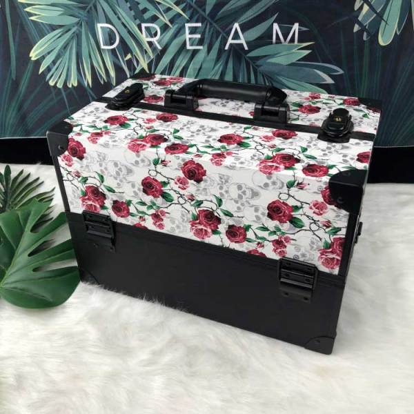 2019年新款PU皮革花卉图案黑色铝合金化妆箱和箱子和套件与带子托盘零售