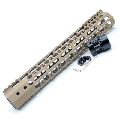 Trirock NSR style TAN/FDE 12 inches M-LOK free float AR15 handguard mlok bevel edge fits .223/5.56 rifles with steel barrel nut