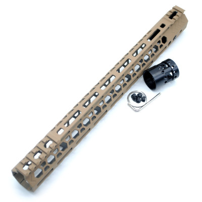 Trirock NSR style TAN/FDE 15 inches M-LOK free float AR15 handguard mlok bevel edge fits .223/5.56 rifles with steel barrel nut