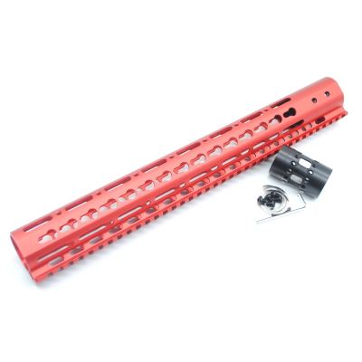 Trirock New NSR 15 Inch Length Red Free Floating KeyMod AR15 Handguard With Rail Mount Steel Barrel Nut