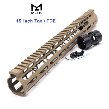 Trirock NSR Lightweight Tan/FDE 15 inch One Piece Style AR-15 System M-LOK Free Float AR15 Handguard with steel barrel nut