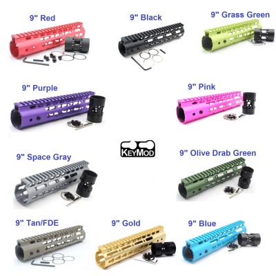 Tirock 9 color NSR 9 inch optional Black/Pink/Purple/Blue/Gold/Gray/OD green/FDE/Red Free Floating Blue KeyMod AR15 Handguard With Rail Mount Steel Barrel Nut