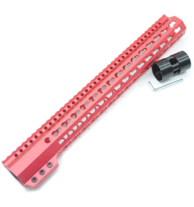 Trirock Clamp On Red Tactical 15 inch Keymod handguard for AR15 M4 M16 with Steel Barrel Nut fits .223/5.56 rifles