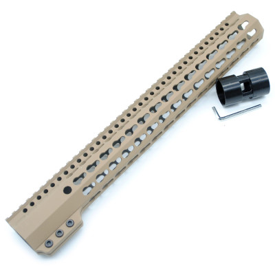 Trirock Clamp On TAN/FDE Tactical 15 inch Keymod handguard for AR15 M4 M16 with Steel Barrel Nut fits .223/5.56 rifles